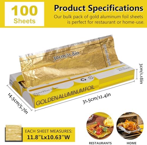 OSVINO 100 Count Pop-Up Pre-Cut Gold Foil Sheets, Lightweight & Flexible Aluminum Foil for Easy Wrapping, Oven & Grill Safe Disposable Catering Foil for BBQ, Baking, Cooking & Food Prep