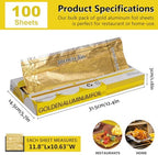 OSVINO 100 Count Pop-Up Pre-Cut Gold Foil Sheets, Lightweight & Flexible Aluminum Foil for Easy Wrapping, Oven & Grill Safe Disposable Catering Foil for BBQ, Baking, Cooking & Food Prep