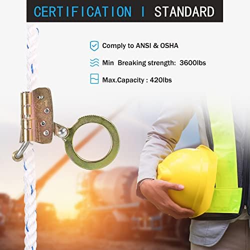 Fall Protection Rope Grab with Anti-Panic Feature, Auto-Trail Double Locking Rope Grabs Fall Arrester, Used with 5/8” Lifeline Rope, for Construction, Climbing, Comply to ANSI/OSHA