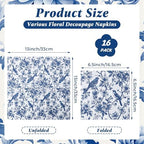 16 Pcs 8 Styles Decoupage Napkins, Blue and White Floral Paper Napkins Chinoiserie Decorative Cocktail Napkin Pretty Printed Cocktail Paper for DIY Crafting Furniture Decor Birthday Party Baby Shower
