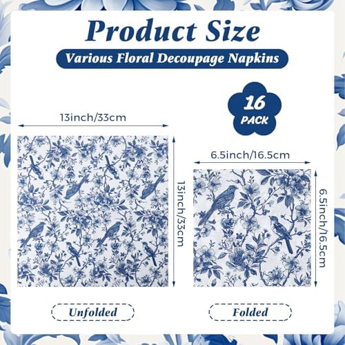 16 Pcs 8 Styles Decoupage Napkins, Blue and White Floral Paper Napkins Chinoiserie Decorative Cocktail Napkin Pretty Printed Cocktail Paper for DIY Crafting Furniture Decor Birthday Party Baby Shower