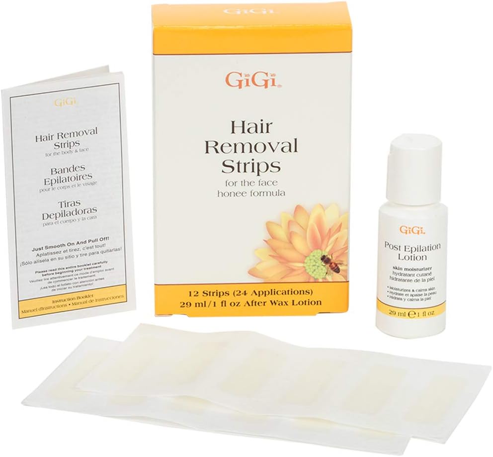 Gigi Wax Strips for Hair Removal – 12 Facial Wax Strips for Women with Post Epilation Lotion, At Home Waxing Kit