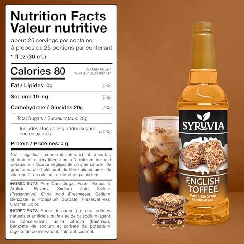 Syruvia Coffee Syrup, English Toffee Flavored Syrup for Drinks, Lattes, and Desserts – 25.4 fl oz, With Pump