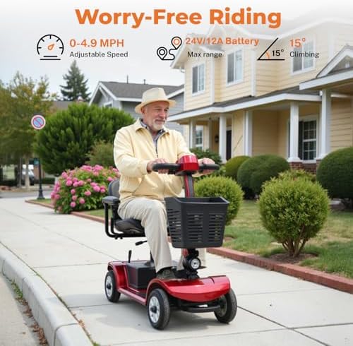 Electric Mobility Scooter for Adults & Seniors, 4-Wheel Foldable Mobility Scooter with 12.4-Mile Range, 4.9 MPH Powered Wheelchair, 330 lbs Capacity, LED Headlight & Basket, Red