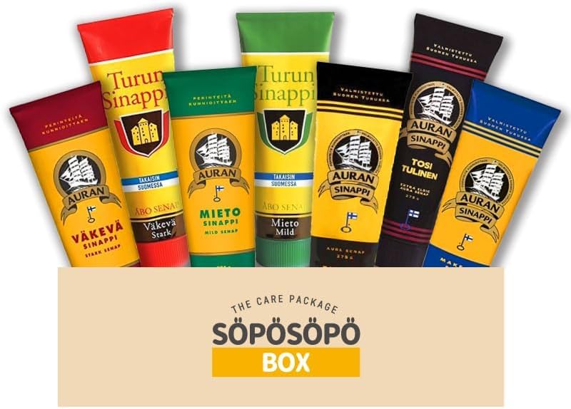 Finnish Mustard Mix Set Auran & Turun Mustard 275g (0.60lb) x 7 Tubes Many Flavors Finnish Mustard in a Söpösöpö Box SOPOSOPO
