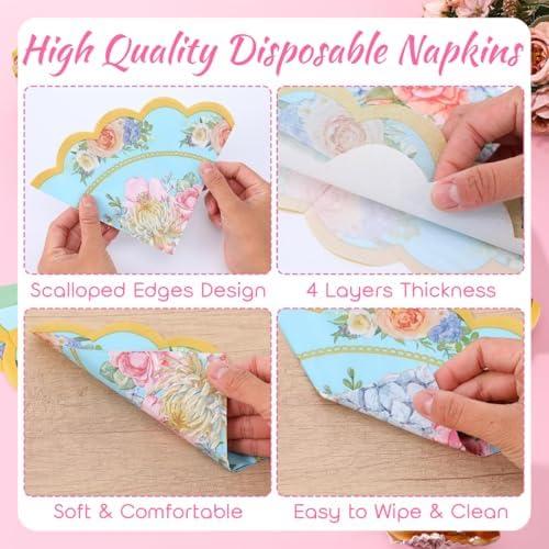 100pcs Flower Shaped Tea Party Napkins, Glazeal 2 Ply Vintage Floral Napkins Scalloped Guest Paper Napkins for Tableware Wedding Bridal Baby Shower Tea Birthday Party