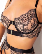 Floral Embroidery Mesh Sheer Underwire Push Up Garter Belt Lingerie Set 3 Piece