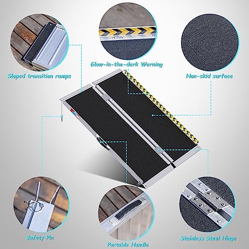 Portable Wheelchair Ramp 4FT, Anti-Slip Aluminum Folding Portable Ramp, Wheelchair Ramps for Home, Weight Capacity Up to 800 LBS, with Transition Plates Above and Below, Loading Dock Plates