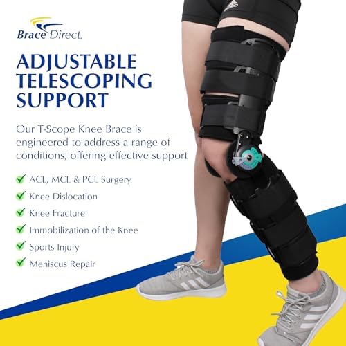 Brace Direct Post-Op ROM T-Scope Knee Brace - Telescoping Range of Motion Hinged Knee Support for ACL, MCL, PCL, Meniscus & Fracture Surgery Recovery Universal Fit (Thigh ≤ 28″, Calf ≤ 16″)