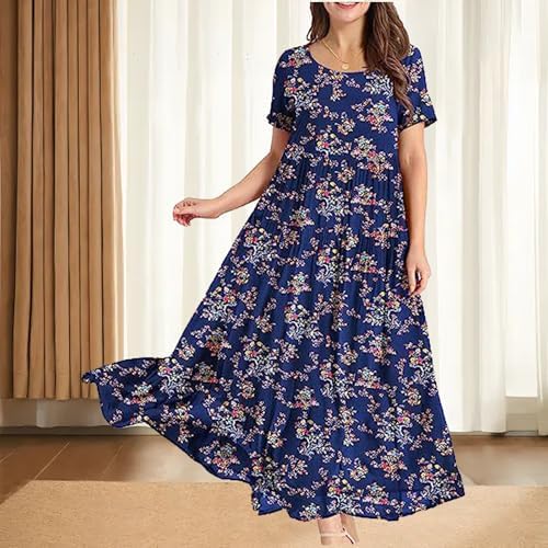 Zhyaj Boho Maxi Dress for Womens Cotton Floral Printed Long Dress Summer Casual Short Sleeve Beach Vacation Dresses