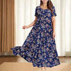 Zhyaj Boho Maxi Dress for Womens Cotton Floral Printed Long Dress Summer Casual Short Sleeve Beach Vacation Dresses