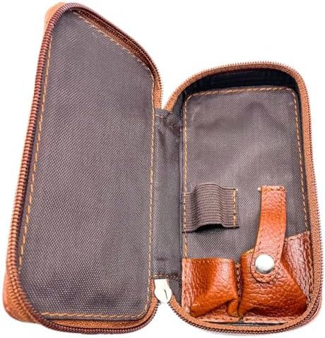 Parker Saddle‑Brown Leather Double Edge Safety Razor Case with Blade Compartment – Zip Travel Pouch