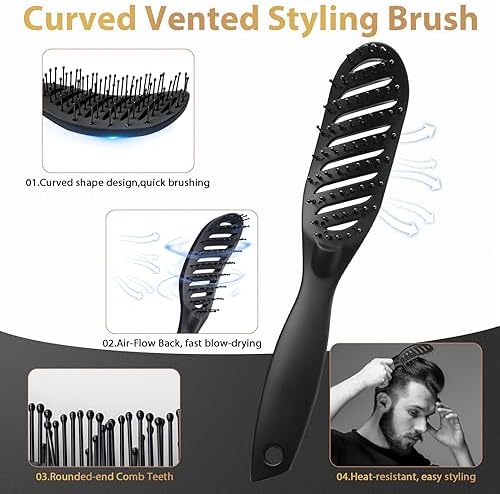 Hair Brush for Men, DUAIU 7Pcs Combs for Men, Hair Styling Comb Set with Vent Hair Brushes, Quiff Round Hair Brush, Wide Tooth Combs, Texture Comb for Blow Drying, Detangling, Grooming, Hairdressing