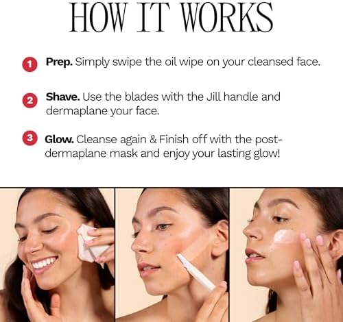 Jill Dermaplane Kit in Rose - Hair Identifying Spray NOT Included - Includes 1 Pre-Shave Cleanser Sachet & Oil Wipe, 1 Post-Shave Moisturizer, 2 Disposable Blades
