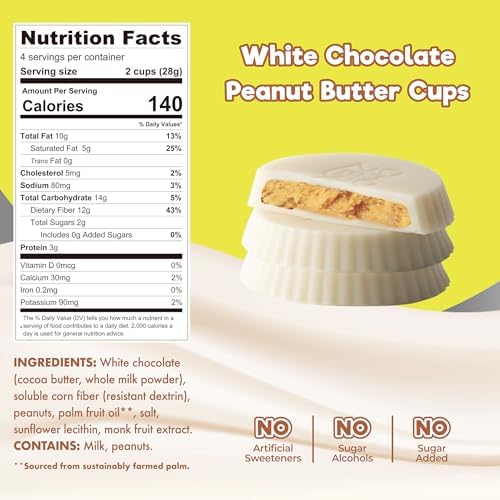 ChocZero White Chocolate Peanut Butter Cups, No Added Sugar, Low Carb Snack, High Fiber, Keto Friendly, 32 Total Cups (4 Ounce, Pack of 4)