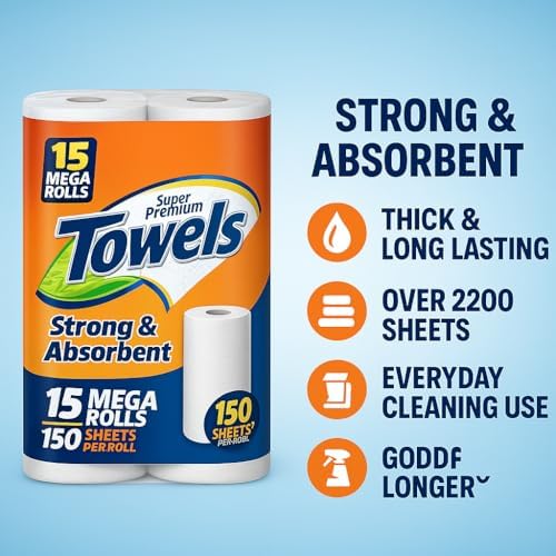 Paper Towels 2-Ply– 15 Mega Rolls, 150 Sheets per Roll, Select & Tear Sheets, Strong and Absorbent, Bulk Pack for Kitchen, Office, Cleaning – Thick & Long Lasting, Lint-Free Disposable Towels