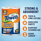 Paper Towels 2-Ply– 15 Mega Rolls, 150 Sheets per Roll, Select & Tear Sheets, Strong and Absorbent, Bulk Pack for Kitchen, Office, Cleaning – Thick & Long Lasting, Lint-Free Disposable Towels
