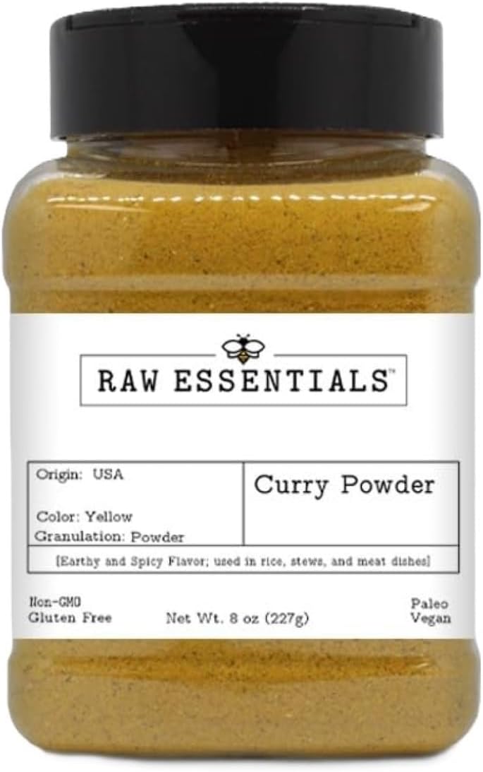 Raw Essentials Curry Powder – Earthy & Spicy Flavor – Ideal for Indian & Asian Dishes – Great in Stews, Rice, Meat, & Veggies – Non-GMO, Gluten-Free, Paleo, Vegan – 8oz Bottle