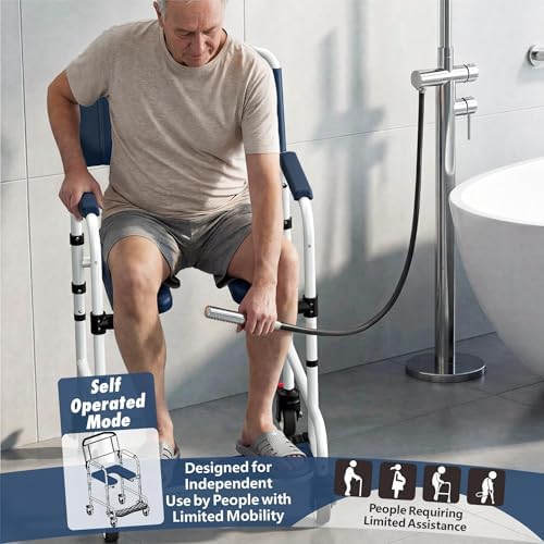 Shower Chair with Wheels, Two Modes Bedside Commode with Wheels, Aluminum Shower Wheelchair with Footrest, Portable Toilet with Bucket for Elderly and Disabled, 300 LBS Weight Capacity