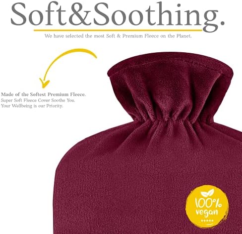 Qomfor Hot Water Bottle with Soft Fleece Cover - 1.8L Large - Premium Hot Water Bag for Pain Relief, Period Cramps, Cozy Nights, Bed Warmer, and Feet Warmer (Bordeaux)