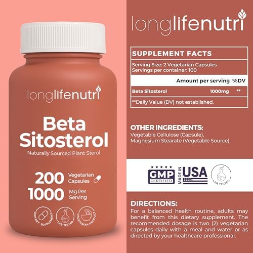 LongLifeNutri Beta Sitosterol 1000mg - Phytosterols Supplement, 200 Vegetarian Capsules, Plant Sterols for Daily Wellness & Dietary Balance, 100-Day Supply, GMP Certified, Made in USA