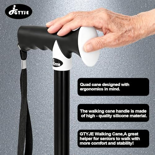 Quad Cane (300 lbs) - Adjustable Walking Cane with Large 4-Pronged Base & LED Light, Extra Balance & Stability Walking Stick for Seniors, Men & Women