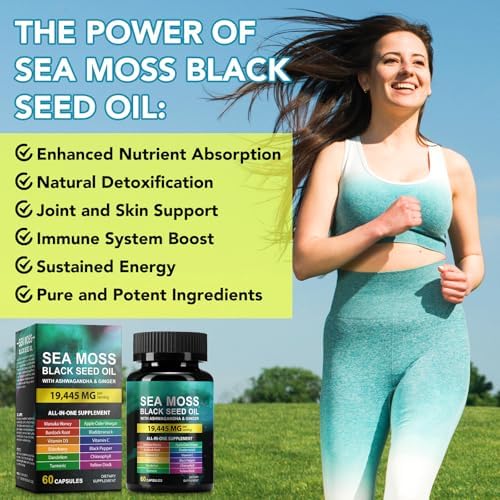 Sea Moss Black Seed Oil with Ashwagandha & Ginger, Turmeric Burdock Root Bladderwrack & Vitamin C, Vitamin D3, Sea Moss Capsule Supplement for Immunity & Energy, Skin, Hair (120 Capsules)