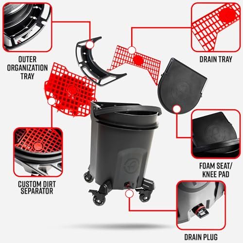 Adam's Complete Premium Detailing Bucket - Car Wash Bucket with Grit Guard, Seat Pad, Organization Rack, Drain Plug, 2 Locking Wheels | Innovative Detail 5 Gallon Bucket Kit System