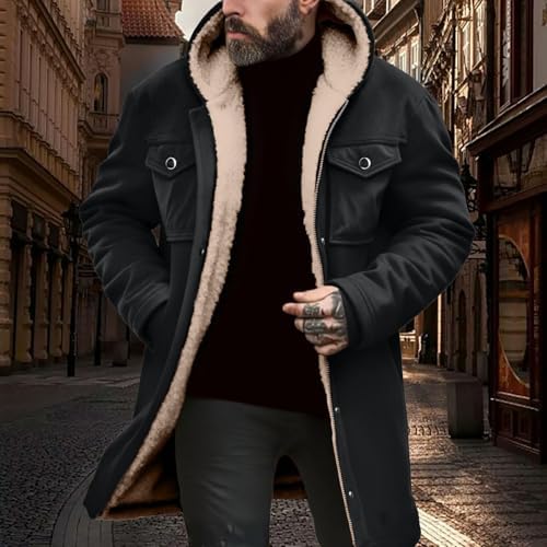 Winter Coats for Men Fleece Lined Suede Jacket Zip up Long Hoodie Jacket Coat Warm Casual Outdoor Coats with Pockets
