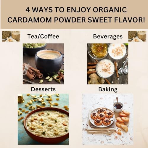 SPICY ORGANIC Ground Cardamom, 4 oz. – Fresh Cardamom Powder - Also Known as Elaichi, Cardamon - USDA Certified Organic, Gluten-Free, Non-GMO - Enhances Taste in Baking, Coffee, Tea, and Curries