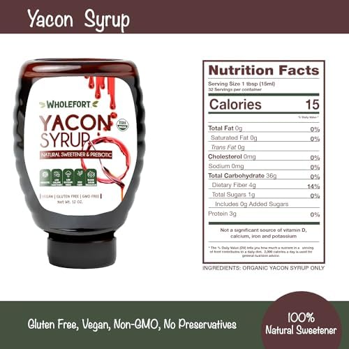 Peruvian Yacon Syrup a 100% Natural Sweetener - Low Glycemic Index - Vegan - Organic - Substitute for Sugar, Honey and Molasses - Packed with FOS (fructooligosaccharide) a Prebiotic Fiber and Inulin - In an Easy Squeeze Dripless Bottle by Wholefort