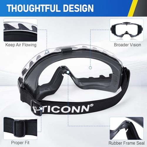 TICONN Anti-Fog Safety Goggles, Adjustable Safety Goggles Over Glasses, ANSI Z87.1 UV385 Eye Protection Glasses for Adults