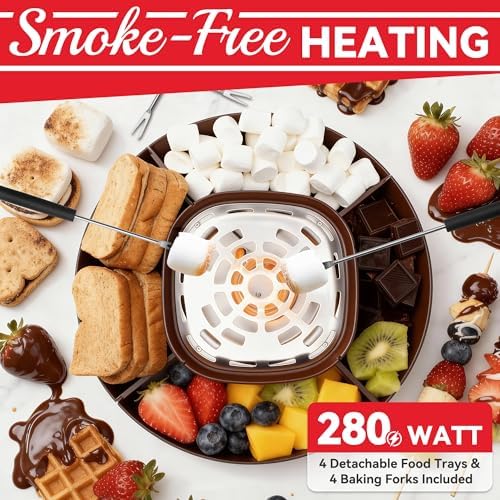 SugarWhisk 2 in 1 Electric Smore Maker & Fondue Set, Marshmallow Roaster with 4 Forks, Indoor Smores Kit for Kids & Couples, Cheese & Chocolate Fondue Pot, 4 Detachable Trays, Brown