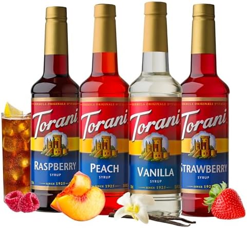 Torani Flavored Drink Syrup Soda Shop Variety Pack, Raspberry, Peach, Vanilla & Strawberry, 25.4 fl oz (Set of 4)