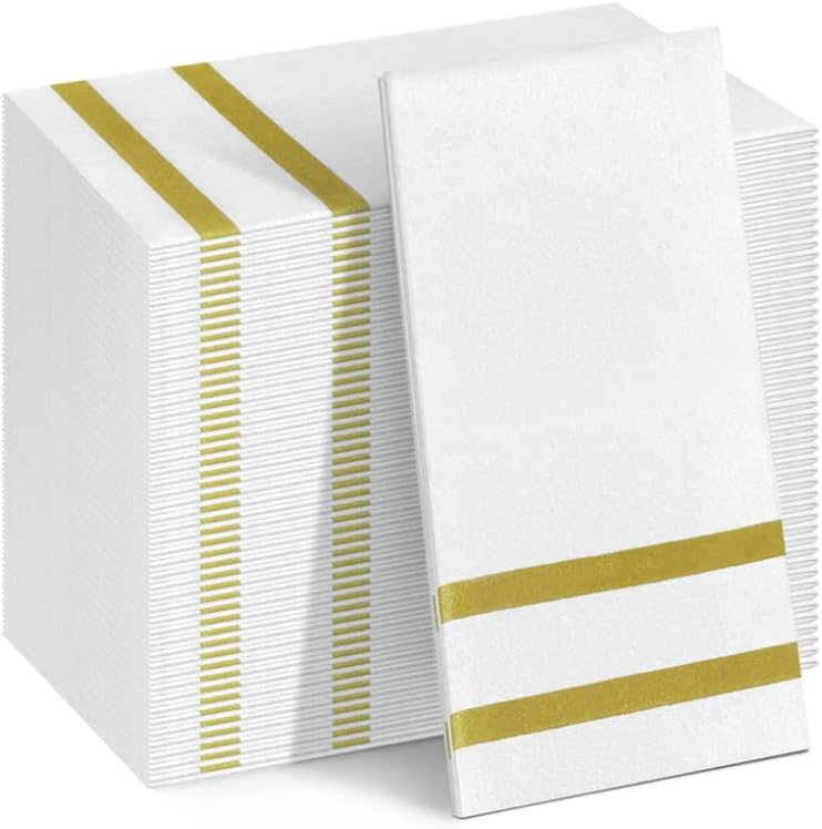 100 Pack Napkins Disposable Guest Towels Linen-Feel Decorative Napkins Soft and Absorbent Dinner Paper Hand Towels for Bathroom Party Powder Room Hotel Fancy Restaurant (100 Gold Line)