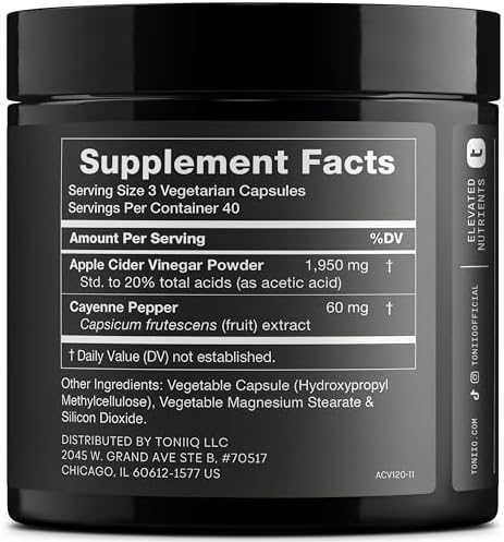 Toniiq Apple Cider Vinegar Capsules - Ultra High Potency 2,010mg Formula with 20% Acetic Acid & Cayenne Pepper - Made with the Mother - Third-Party Lab Tested - 120 Capsules