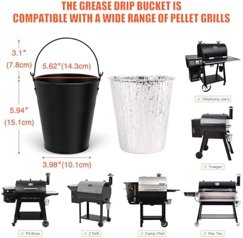Drip Bucket and 15-Pack Disposable Foil Liners for Oklahoma Joe's, Traeger, Pit-Boss, Z Grill, Camp Chef, Grill Grease Liner Fits Most Offset Smoker, Rec Tec Pellet Grill Bucket, Black