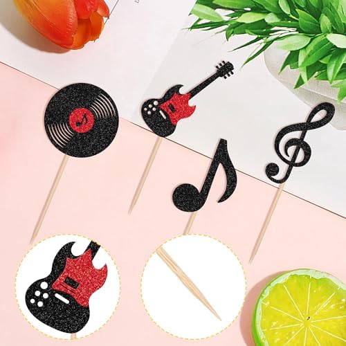 24 PCS Music Notes Cupcake Toppers Glitter Guitar Rock Cupcake Picks Vinyl Record Cake Decorations for Retro Rock and Roll Music Theme Baby Shower Kids Birthday Party Cake Decorations Supplies