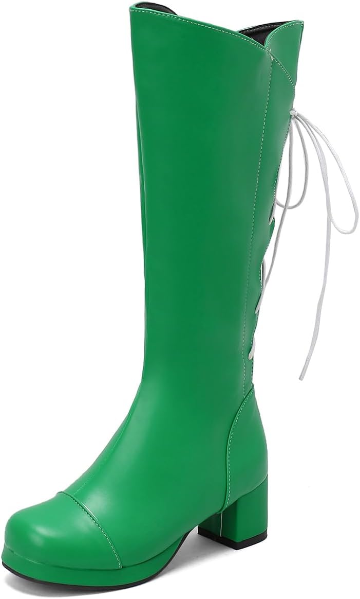 Lace UP White Knee High Boots GoGo Boots of the 70s Round Toe Disco Boots