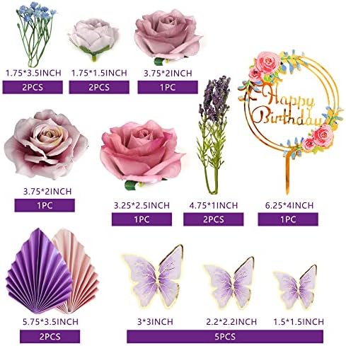 17 PCS Flower Cake Toppers Butterfly Cake Decorations Happy Birthday Cake Toppers with Artificial Purple and Pink Rose Eucalyptus for Birthday Wedding (Purple)