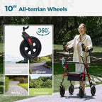 ELENKER All-Terrain Upright Rollator Walker, Stand Up Rolling Walker with 10’’Big PU Wheels and Adjustable Padded Armrests for Seniors from 4’8”to 6'4”, Red