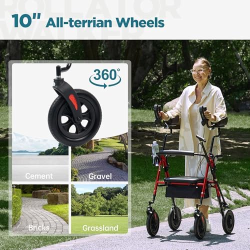ELENKER All-Terrain Upright Rollator Walker, Stand Up Rolling Walker with 10’’Big PU Wheels and Adjustable Padded Armrests for Seniors from 4’8”to 6'4”, Red