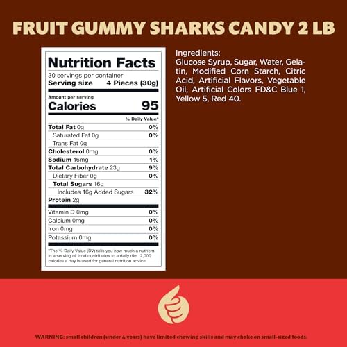 Gummy Sharks Candy Mix | 2 Pound Bag | Assorted Fruit Flavors Shark Gummies | Chewy Gummy Fish for Parties & Candy Buffets | Blue Raspberry, Lime, Lemon, Cherry