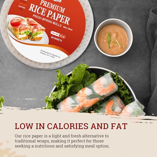 52USA Rice Paper, 1 Pack, 34 Sheets, Gluten-Free Wonton Wrappers, Vegan, Low Carb, Vietnamese Rice Wraps (Round, 22cm)