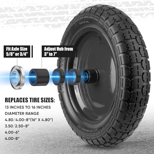 TICONN 4.80/4.00-8 Tire, 14.5" Flat Free Wheelbarrow Tire and Wheel, Solid Replacement Tires with 3" Centered Hub, 5/8" 3/4" Bearings, Universal Fit 4.80/4.00-8, 3.50/3.00-8, 4.00-6 (Black)