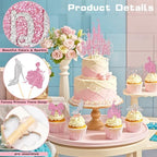 Wootkey 26Pcs Castle Princess Cake Topper Silver Pink Glitter Princess Cupcake Toppers High Heel Bow Crown Princess Cake Decorations for Princess Birthday Valentine's Day New Year Party Supplies