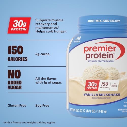 Premier Protein Powder, Vanilla Milkshake, 30g Protein, 1g Sugar, Gluten Free, No Soy, 40.2 oz (29 Servings)
