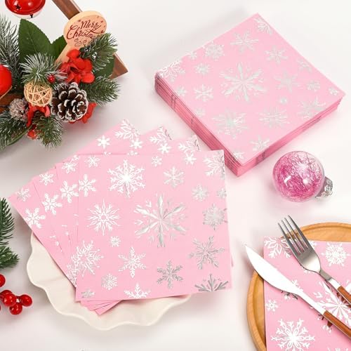 FYSUIMU 80 Pcs Winter Paper Napkins Christmas Foil Silver Pink Snowflake Disposable Luncheon Napkins Xmas Dinner Napkin for Winter Birthday Baby Shower Party Table Supplies