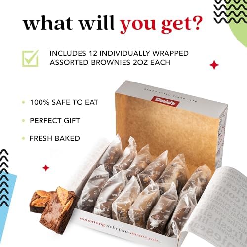 David’s Cookies Assorted Brownies – 12 Pcs (2 oz Each) Freshly Baked Gourmet Brownie Snacks in Carton Gift Box – Great for Sharing, Parties & Dessert Gifting