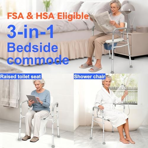 3 in 1 Bedside Commode,Commode Toilet with Padded Seat and Backrest,Includes 40 Liners and 6.5QT Foldable Bucket,Adjustable Height & Width,Fits Most Body Sizes,Potty Chair for Adults and Seniors